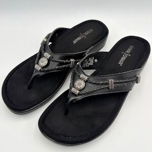 Minnetonka Womens Silverthorne 360 Sandal Size 8 Black leather Thong Slide Shoe